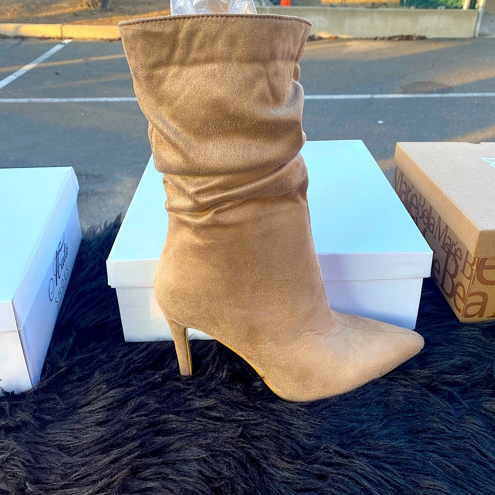 Nude soft boots, mid calf 3 inch heel zipper on side